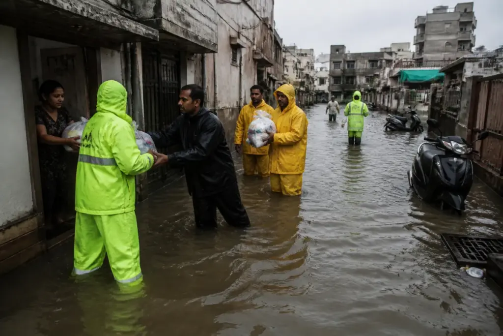 Ahmedabad waterlogging leaves a flooded urban neighbourhood requiring municipal relief