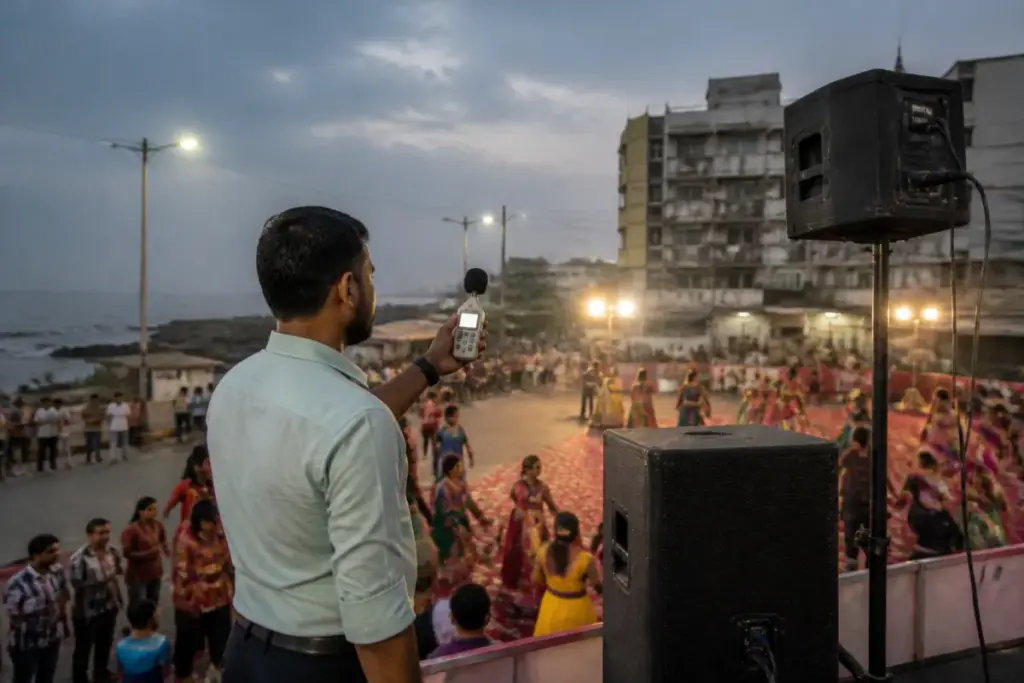 Veraval garba sound monitoring near a Navratri event venue in Gujarat