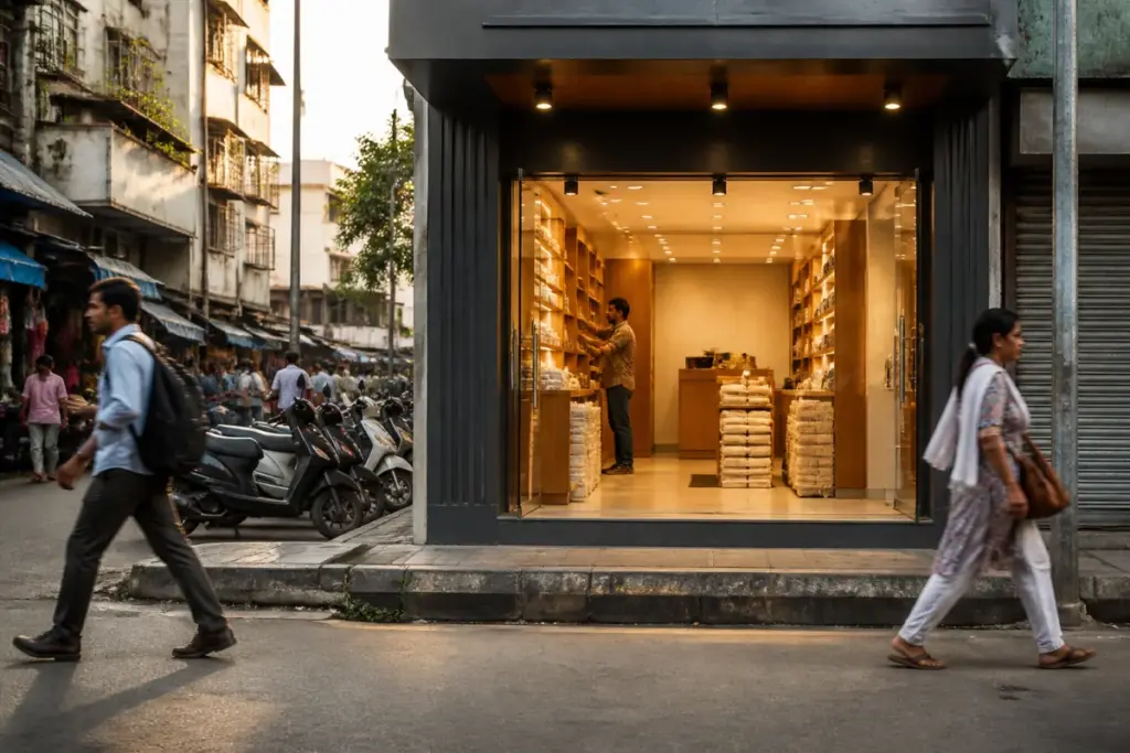 Commercial property investment illustrated by a rented urban shopfront with a tenant-facing retail corridor.