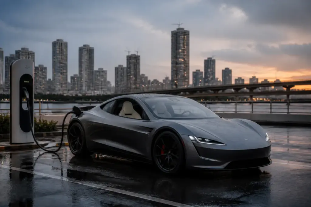 Tesla Roadster India reservation story illustrated by a futuristic electric sports car in an Indian city
