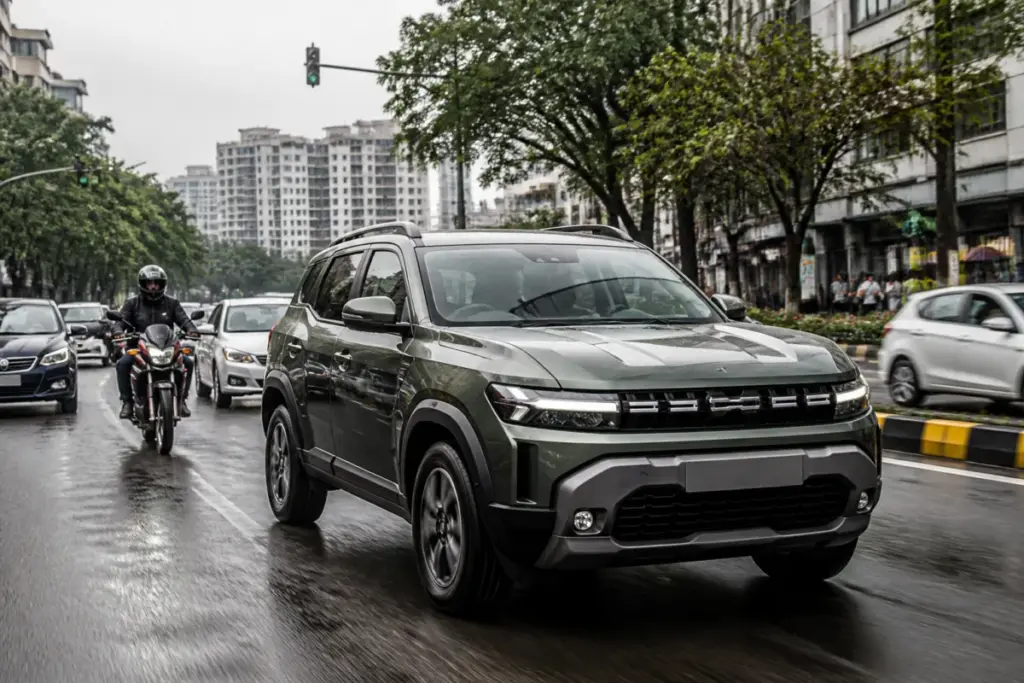 Renault Duster hybrid SUV on an Indian urban road