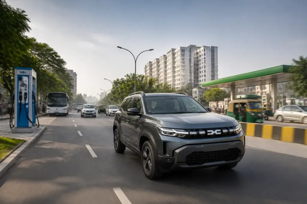 Renault India strategy shown through a Duster hybrid SUV on an Indian city road