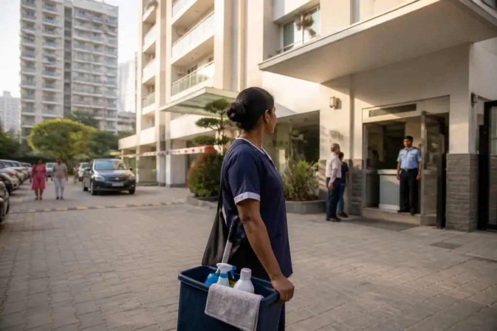 Instant househelp worker arriving at an Indian apartment building for a booking