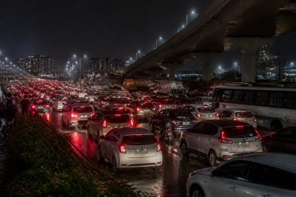 Bengaluru traffic jam with vehicles stalled on a major road during the Dasara holiday rush