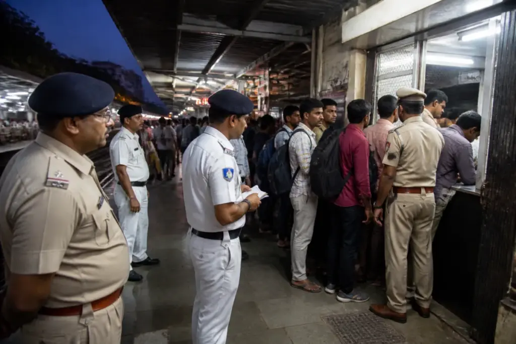 Kandivali railway station ticket-checking area during a dispute involving railway staff and passengers