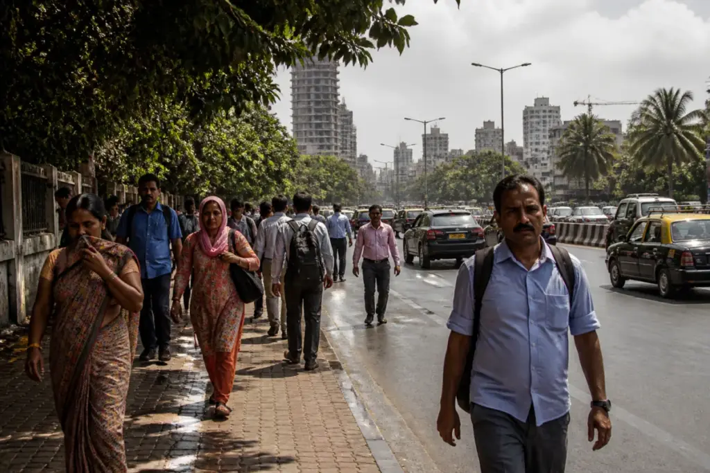 Mumbai weather alert with commuters walking under a hot, humid sky in the city