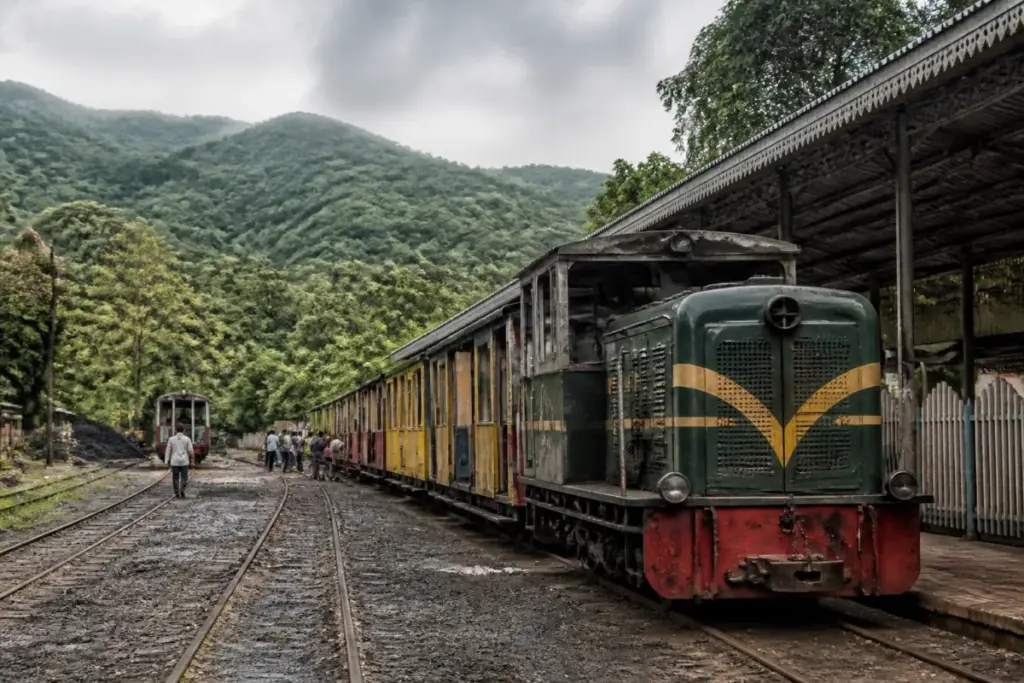 Matheran mini train route with a railway locomotive near the hill station