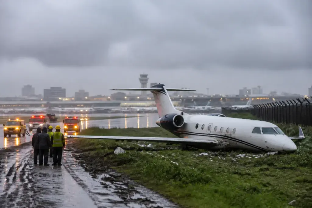 Mumbai Learjet crash site near an airport runway during heavy rain
