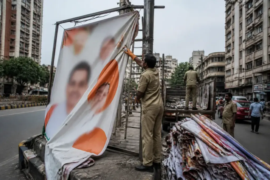 BMC teams remove illegal banners in Mumbai from a public roadside