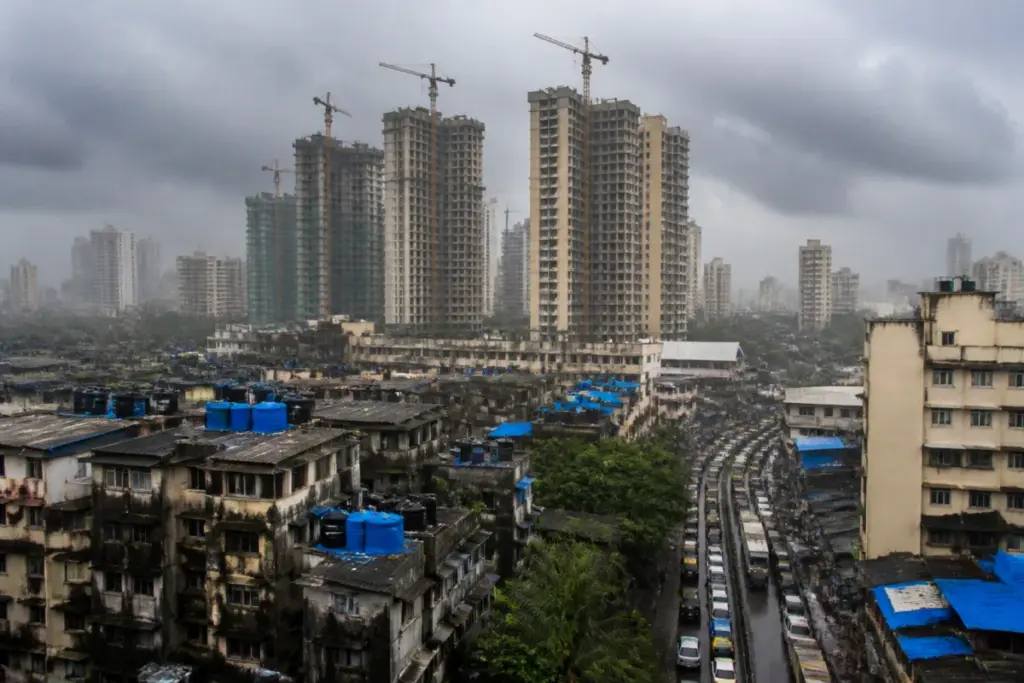 Mumbai redevelopment towers rising over a dense neighbourhood and strained urban infrastructure