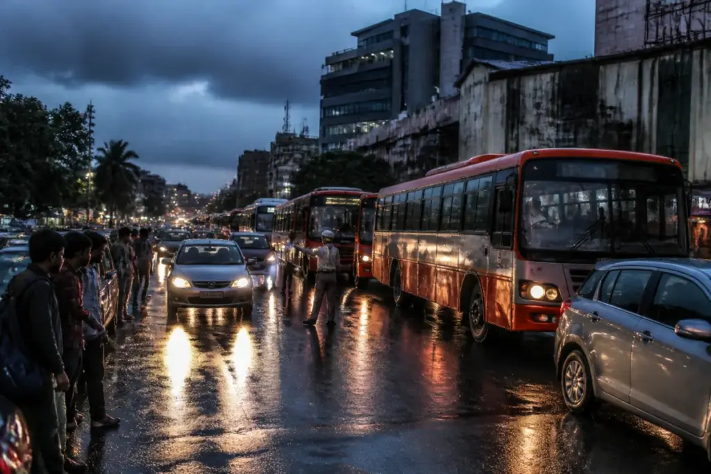 Bengaluru traffic jam near Tumakuru Road with long-distance buses and stranded commuters
