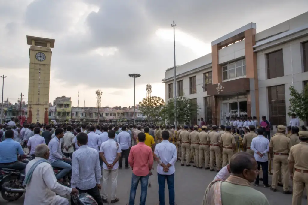 Police manage crowds during Darsi municipal nominations in Andhra Pradesh