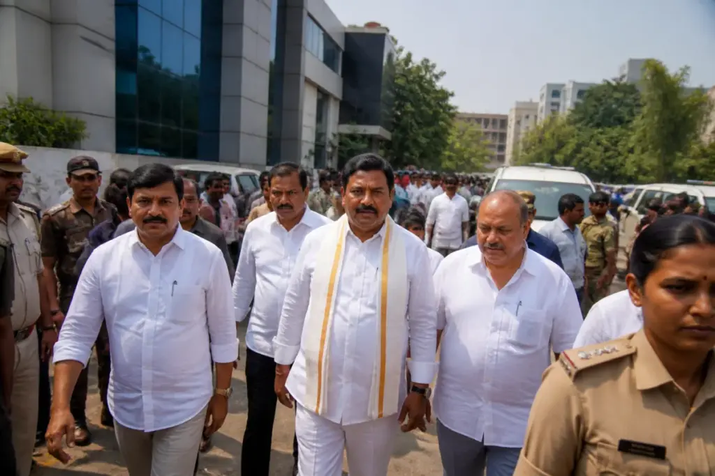 Nellore Mayor election nomination event with political leaders outside a municipal office