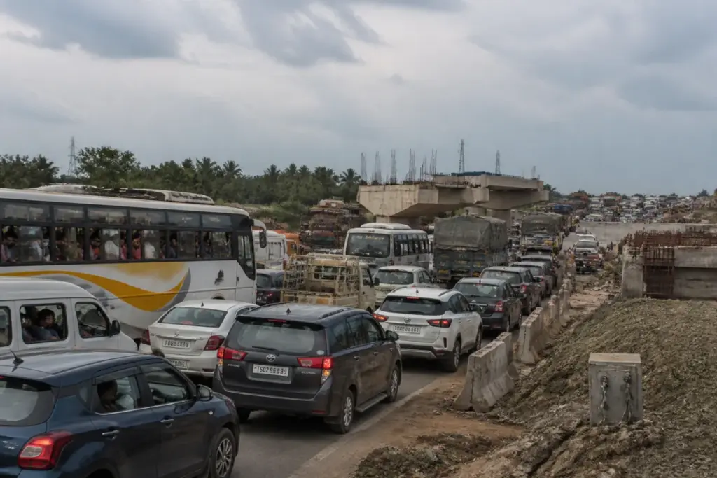 Hyderabad traffic jam on a crowded highway during the Dasara travel rush