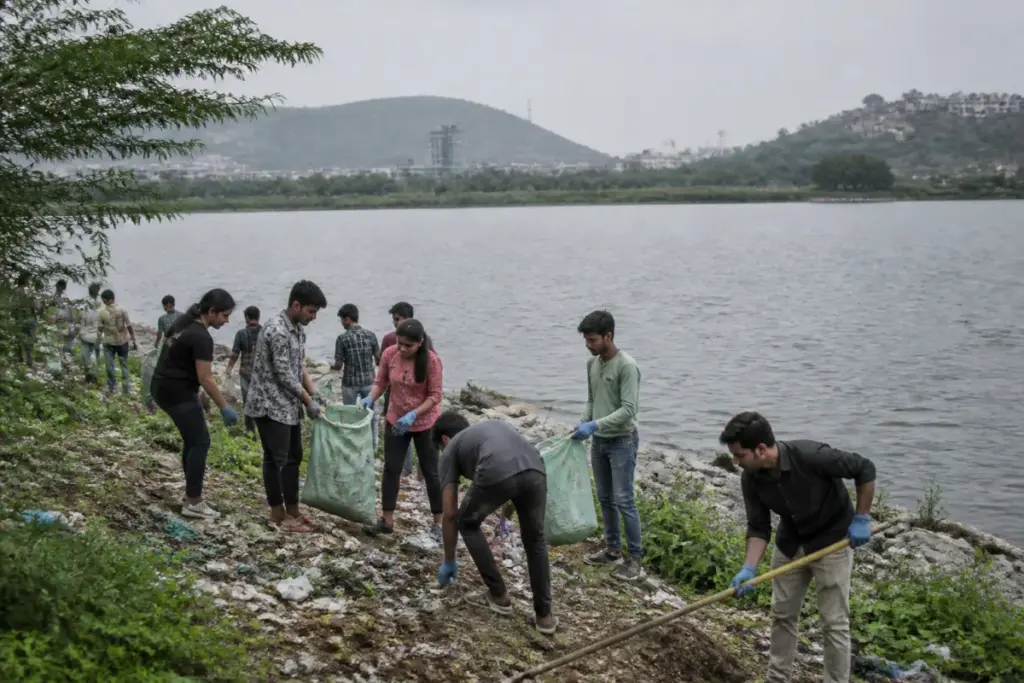 Volunteers conduct a Meghadrigedda Reservoir cleanup in Visakhapatnam