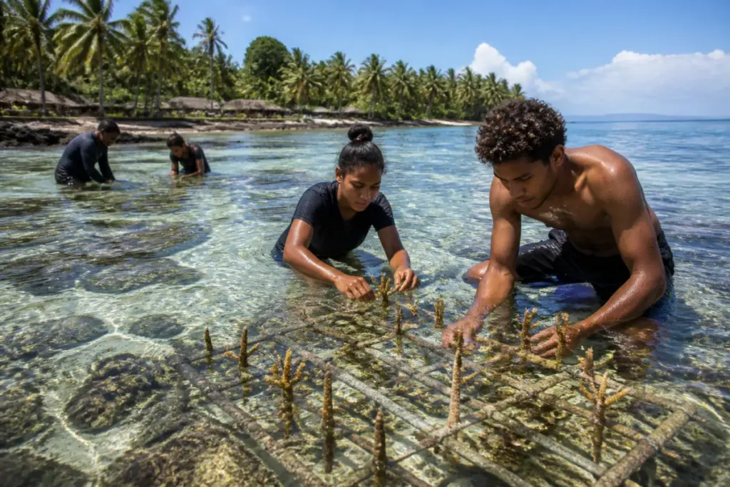 Fiji coral restoration by villagers in a protected reef near Naidiri