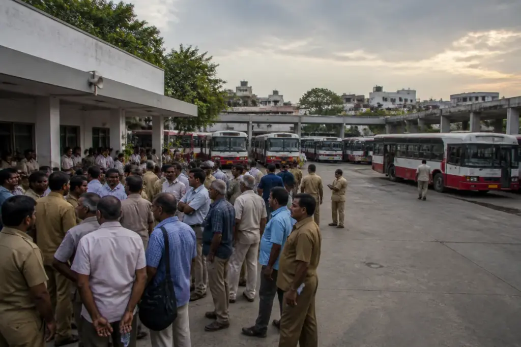 TGSRTC buses at a depot in Telangana during the delayed union recognition process