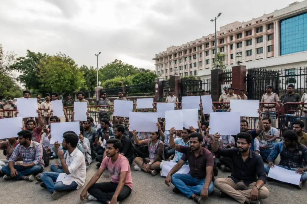 TGPSC AEE exam aspirants protesting outside the commission office in Hyderabad