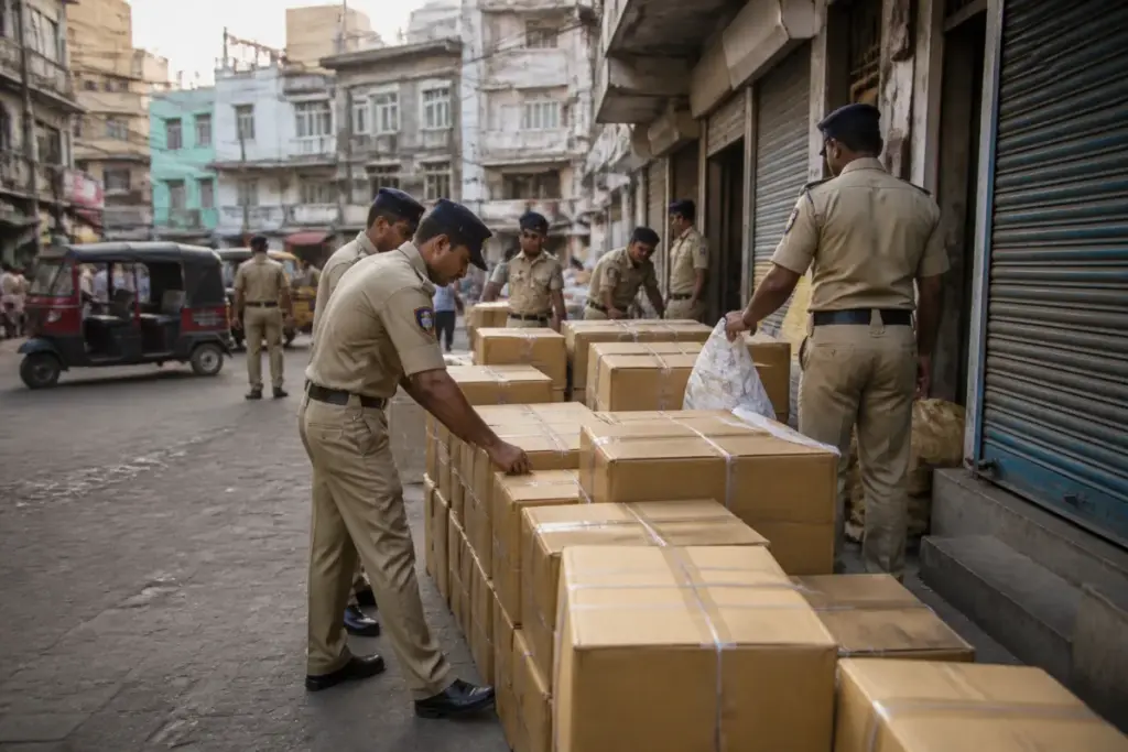 Hyderabad police seizure of cartons of firecrackers during an urban enforcement raid
