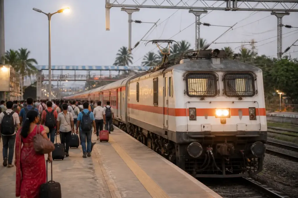 Special train to Chennai arriving at a railway station in Tamil Nadu