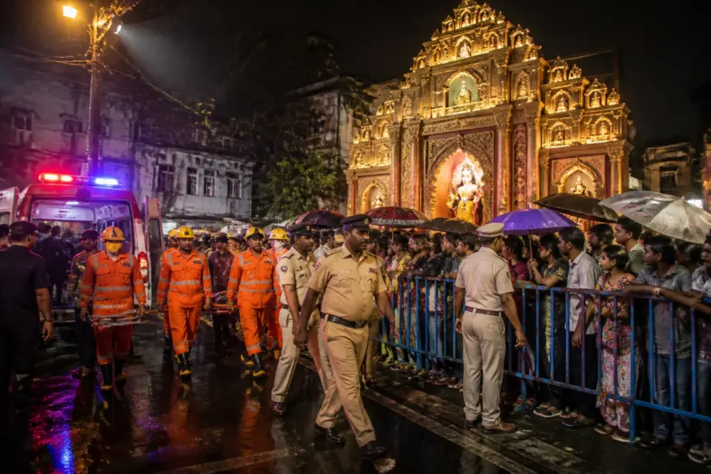 Kolkata Durga Puja crowd incident near a crowded pandal with emergency responders