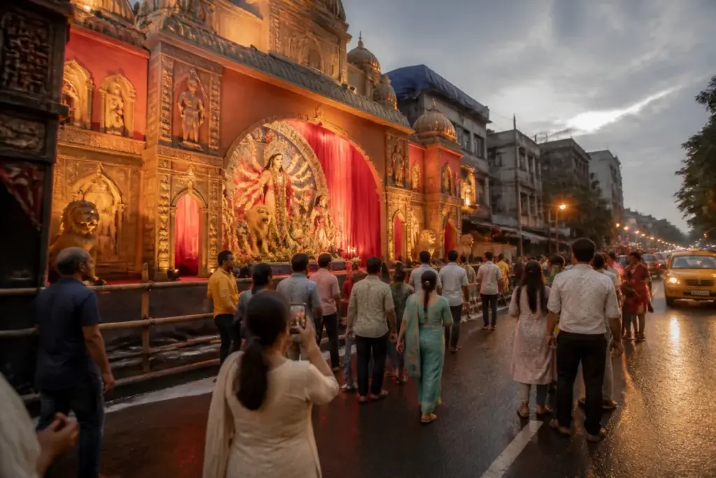 Muhammad Ali Park Durga Puja mandap beside a Kolkata roadside with visitors gathering