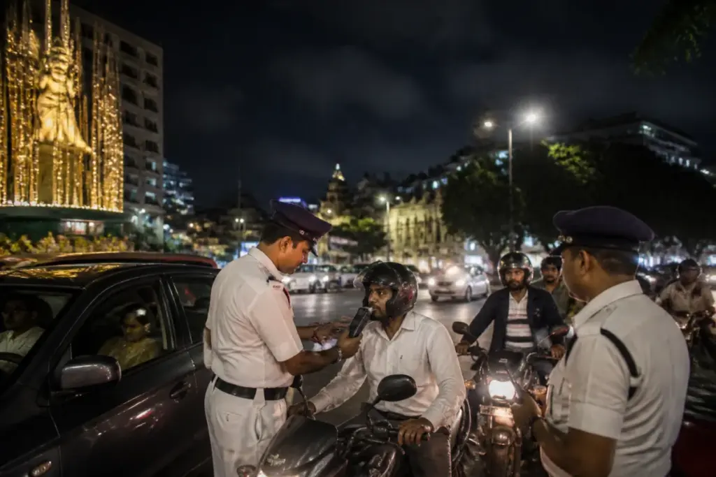 Kolkata traffic police conduct a Durga Puja night enforcement drive on a busy city road.