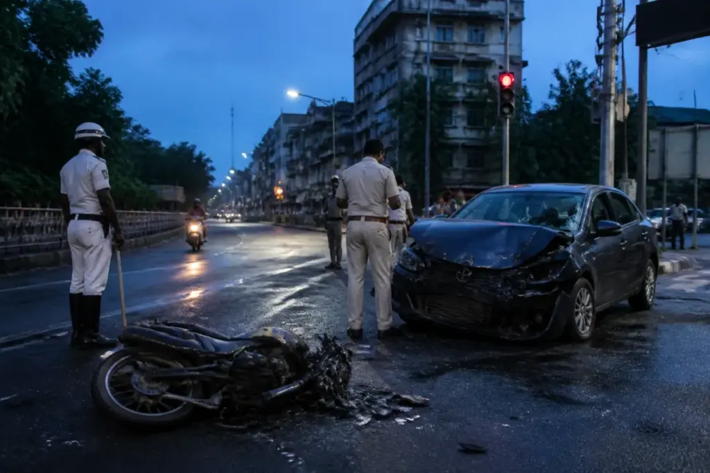 Police-seized motorcycle and car after a Kolkata road accident at Anandapur crossing