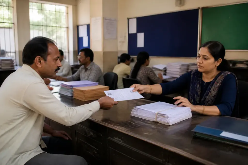 Delhi SIR voter registration forms and an electoral roll at a registration office