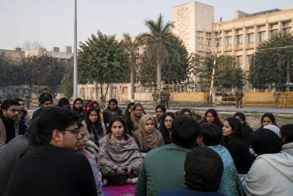 Jamia student union protesters gathered on the Jamia Millia Islamia campus in Delhi