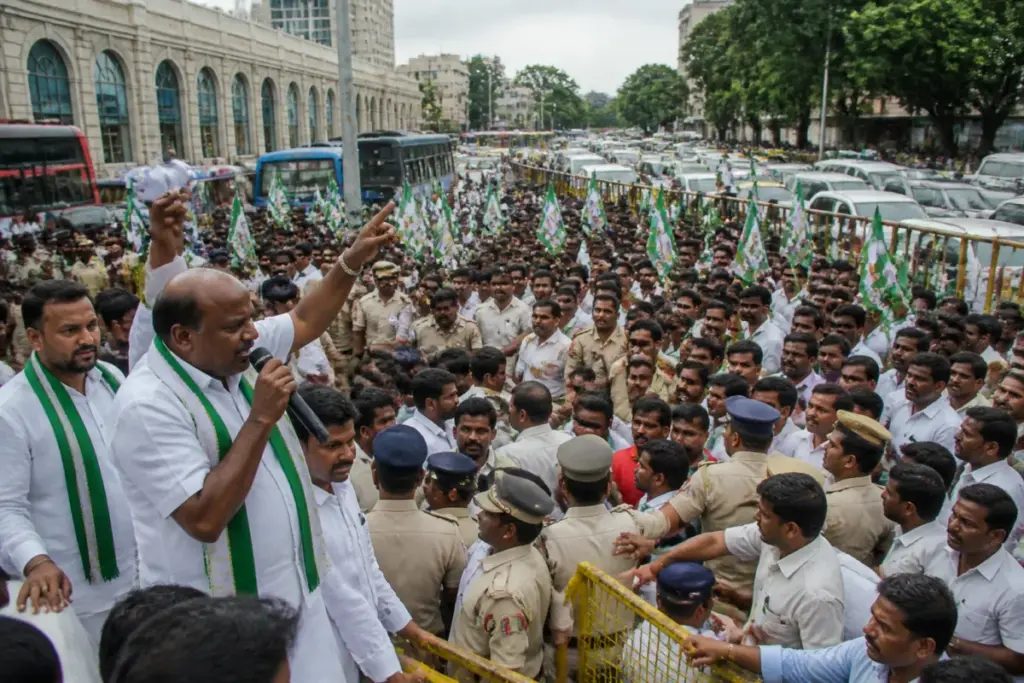 H D Kumaraswamy leads a JD(S) march in Bengaluru over the sting video controversy