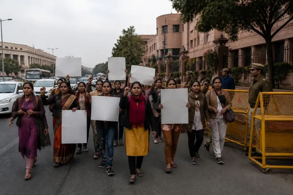 Women’s groups march towards Delhi Police headquarters during a protest in New Delhi