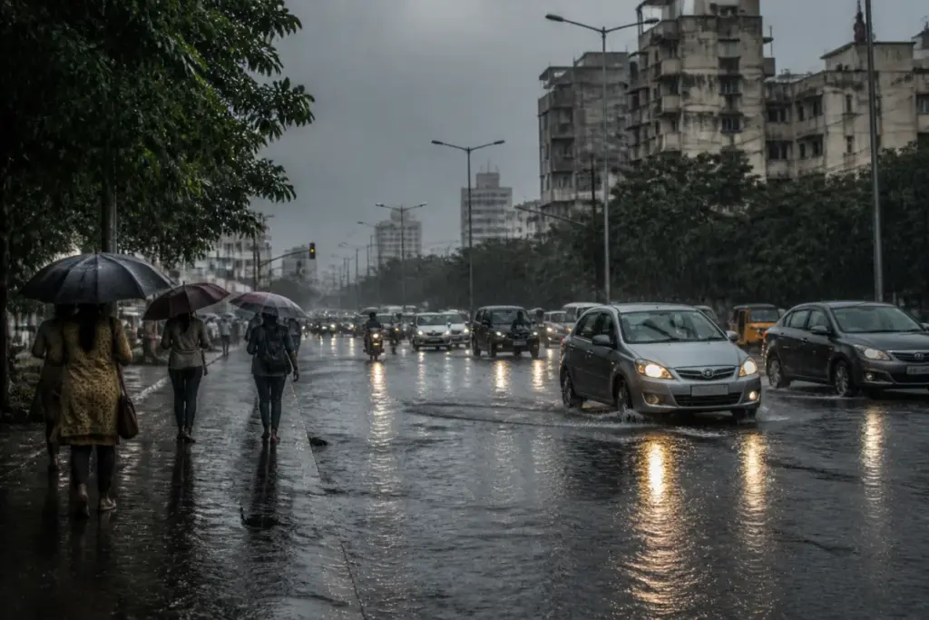 Chennai heavy rain falling over a city road during the northeast monsoon