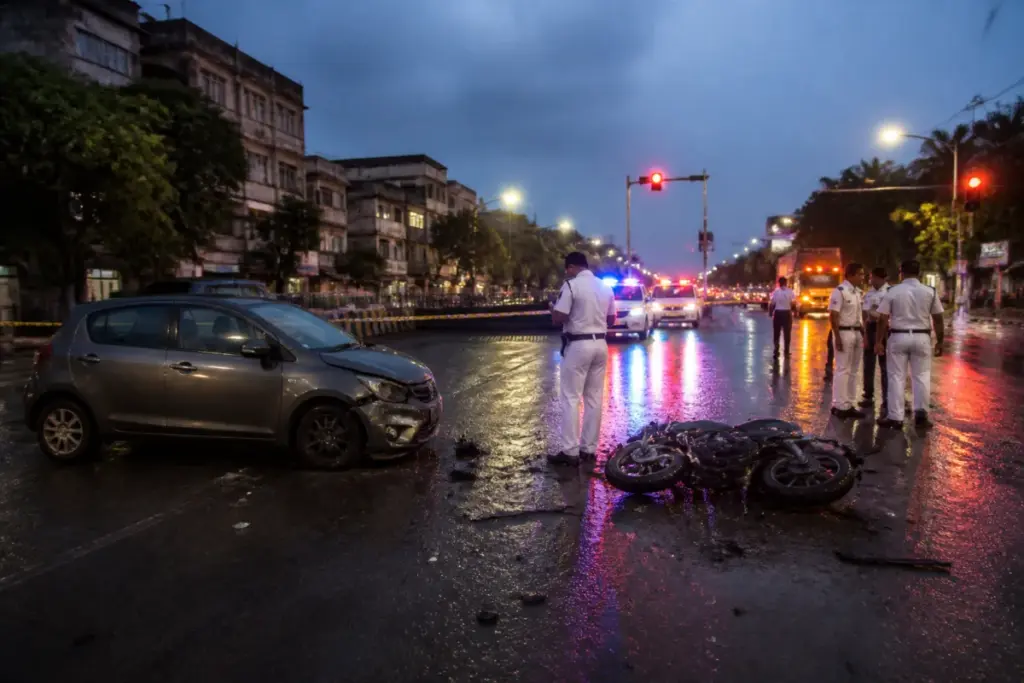 Kolkata road accident scene near a city junction with a damaged motorcycle and police presence