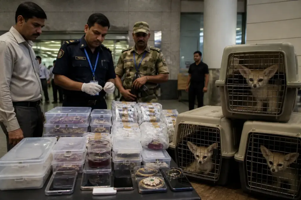 Mumbai Customs officers display seized wildlife and contraband at Mumbai airport