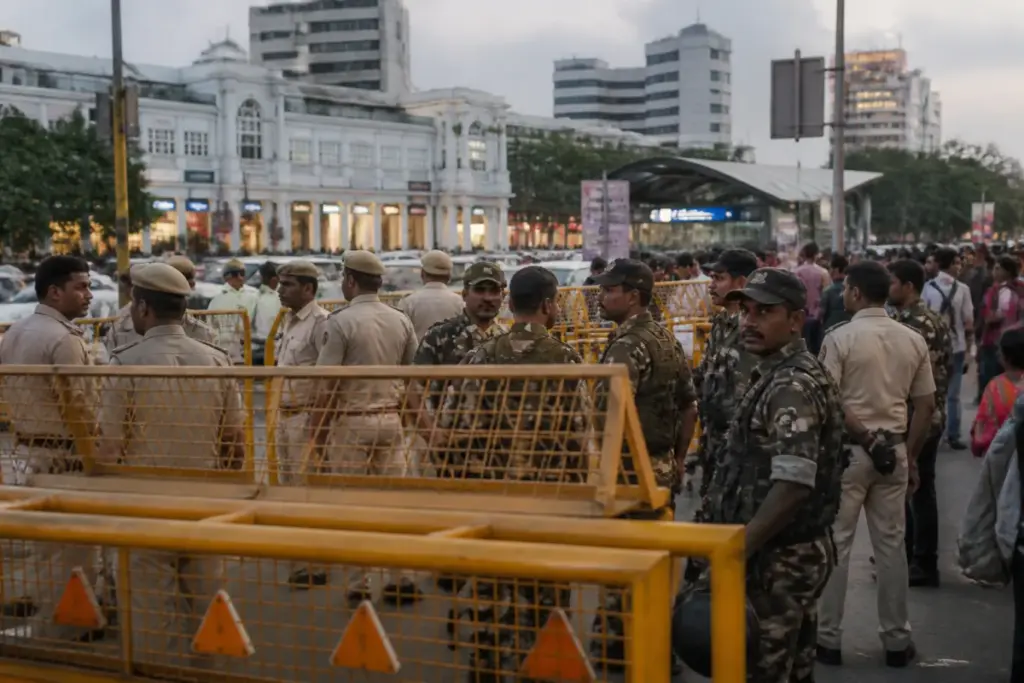 Delhi Police personnel deployed near Connaught Place after new FIRs over a Tiranga march
