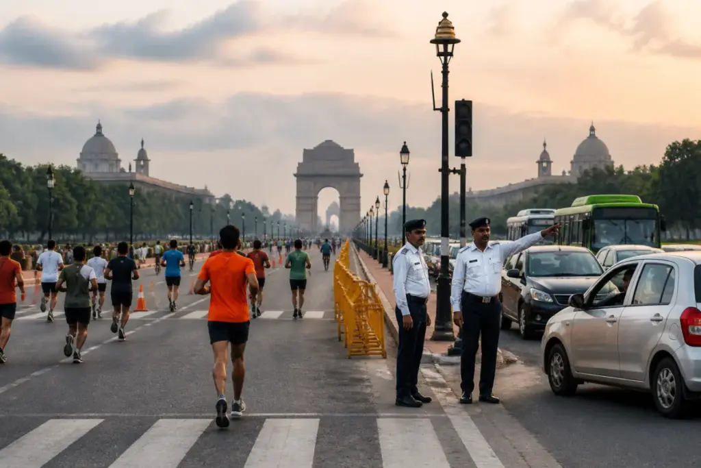 Delhi half marathon traffic diversions near India Gate and Kartavya Path