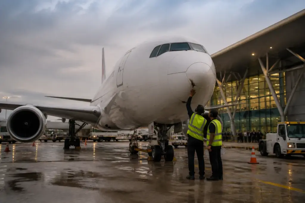 Emirates flight delay at IGI Airport after a reported bird strike involving aircraft EK517.
