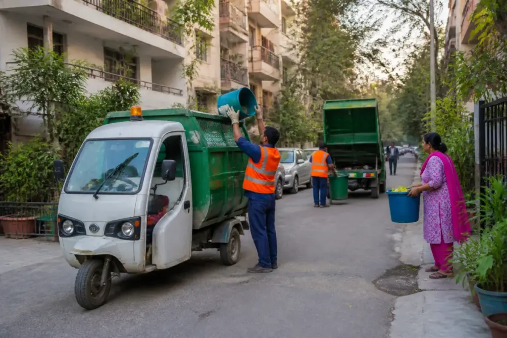 Delhi sanitation workers and MCD waste collection vehicles in Sarita Vihar