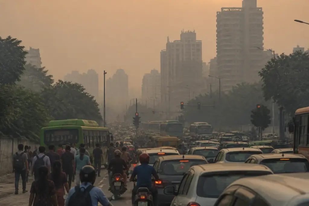 Delhi AQI pollution over a traffic-heavy urban road under hazy skies