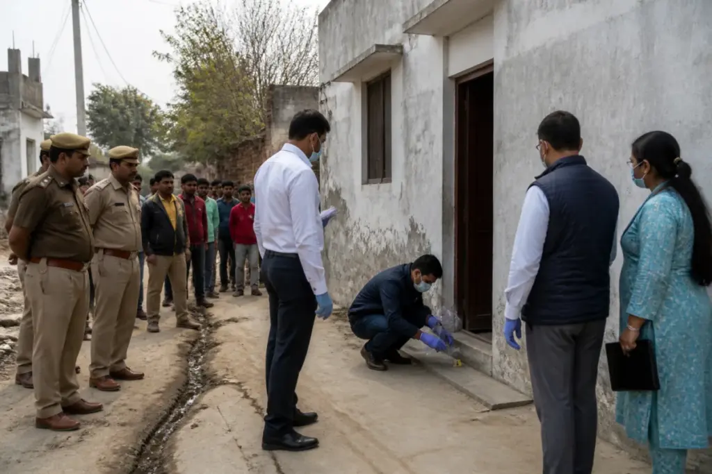 Police and forensic teams investigate a home after five Greater Noida family deaths