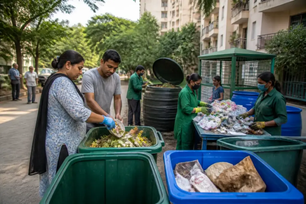 Delhi zero-waste colonies workers segregating wet and dry waste at a neighbourhood facility