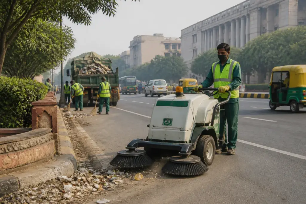 Mechanical litter picker supporting Delhi waste management on a city road