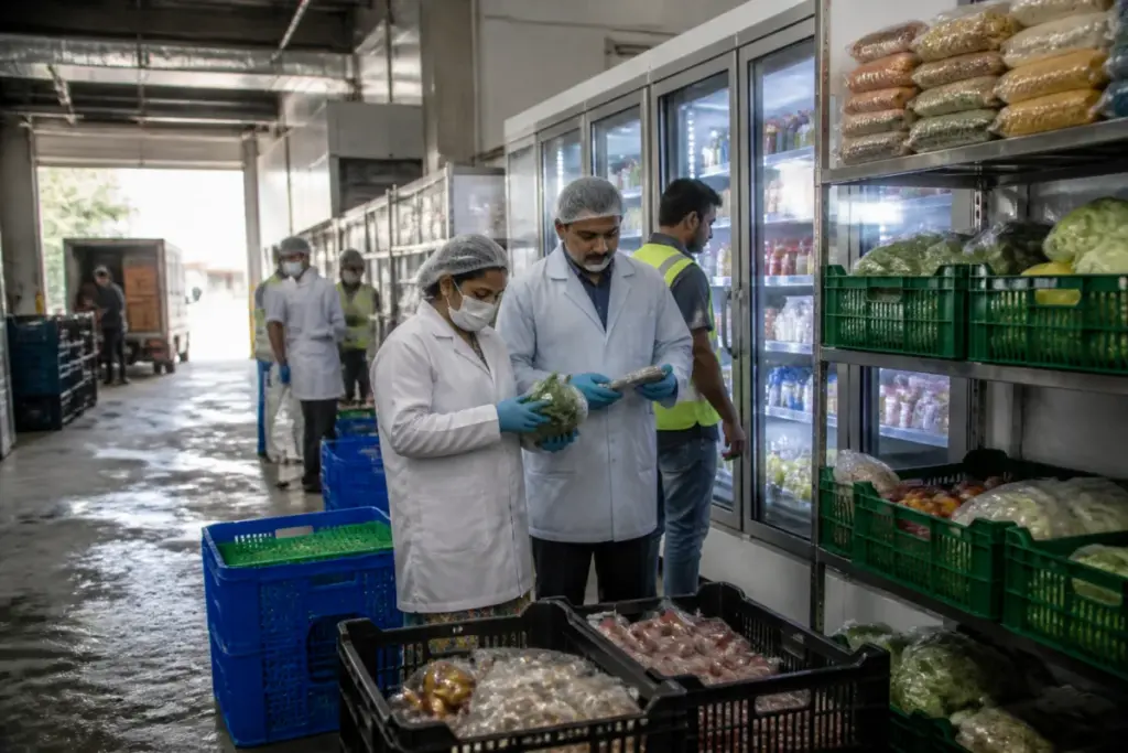 Delhi food safety inspections at an online food storage facility with crates and packaged products