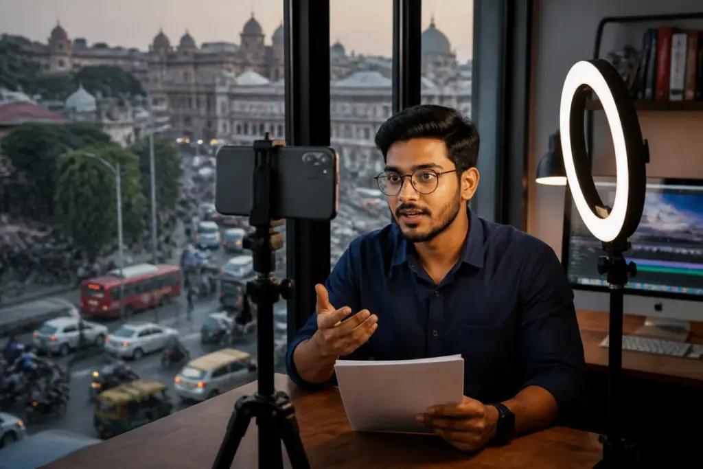 UP election 2027 digital campaign shown through a smartphone, creator studio and Lucknow city setting