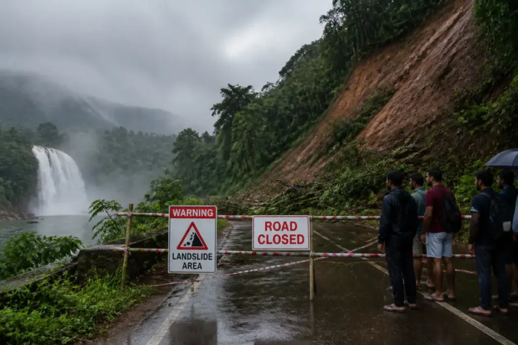 Kerala tourism safety curbs at a rain-hit hillside road near a tourist waterfall