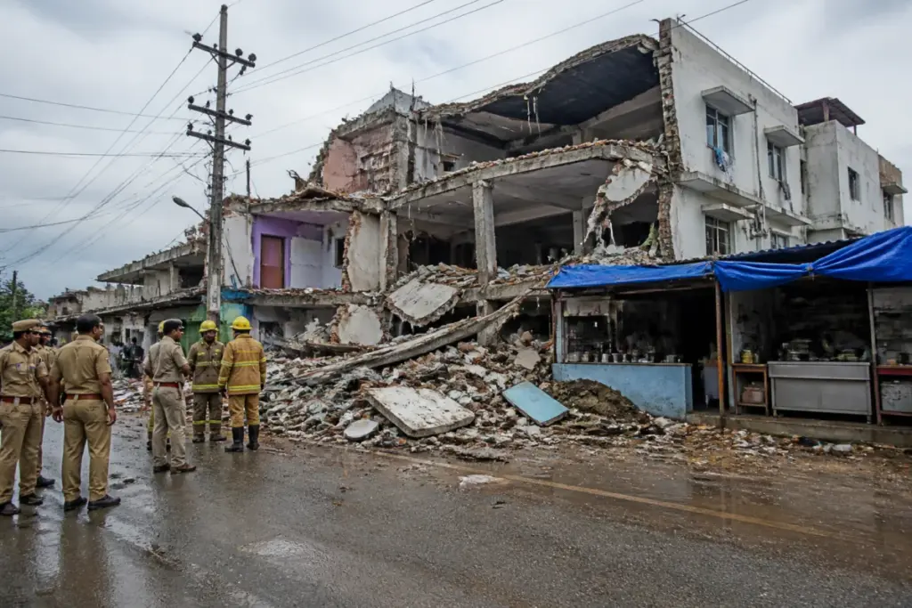 Erode building collapse debris beside a damaged eatery in Karungalpalayam