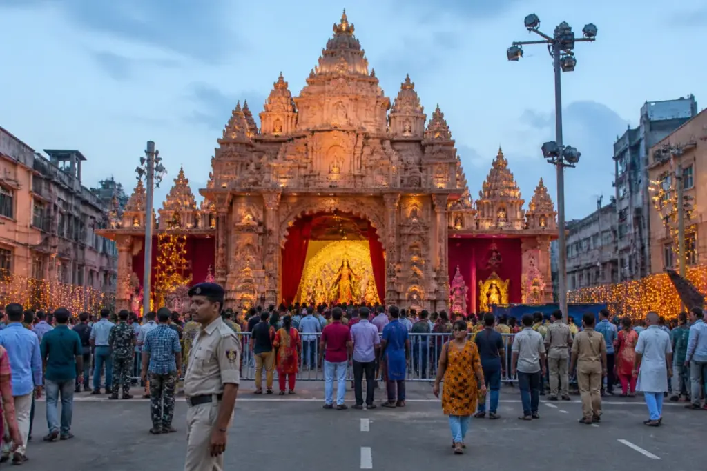 Bokaro Durga Puja pandals with themed temple-style decorations prepared for visitors