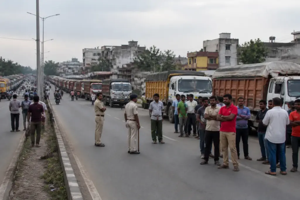 Jamshedpur truckers protest blocking traffic near Bhuiyadih Chowk