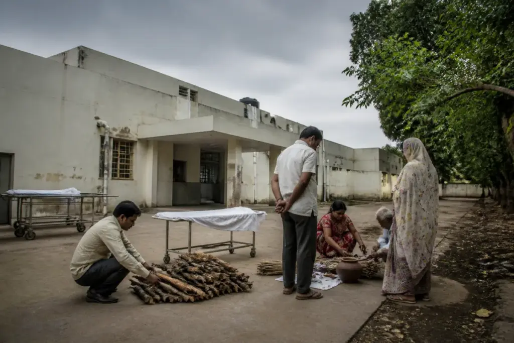 Guna woman final rites being performed near a hospital mortuary in Madhya Pradesh